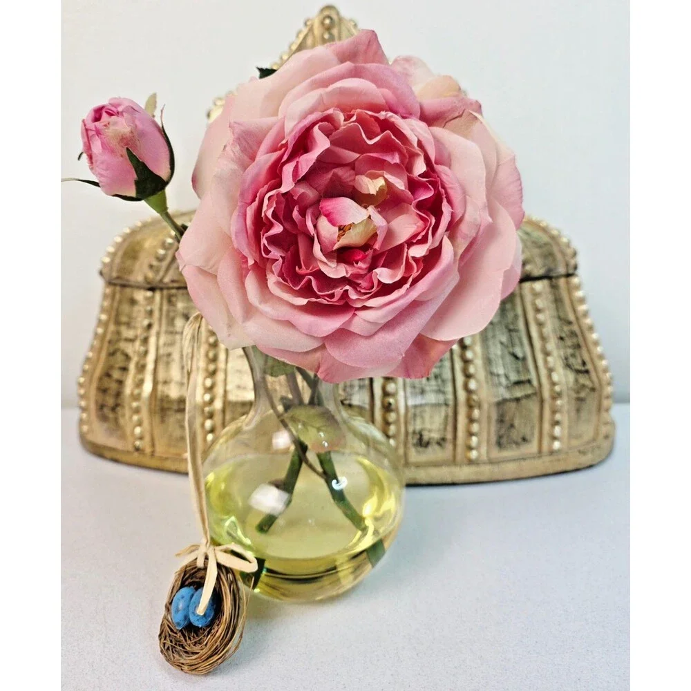Vintage Faux Pink Cabbage Rose Silk Flower in Glass Vase with Bluebird Nest
